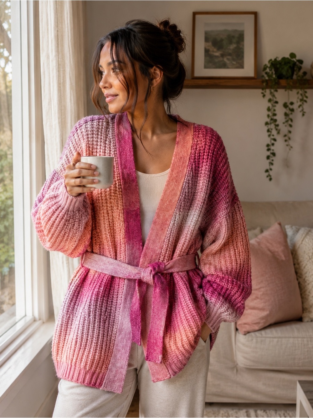 Smash + Tess Ombre Knit Cardigan Pink Belted Cozy Oversized Boho Chic Sweater